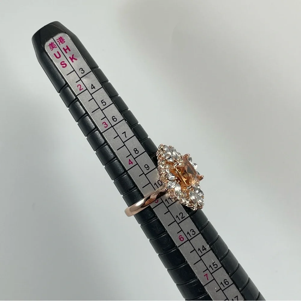 Ring Art Deco Champagne Diamond CZ Princess Cut Halo Gold Tone Plated Boho